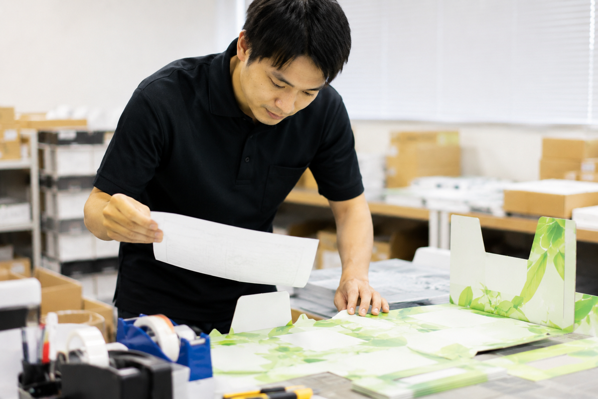 指示内容を確認しながら販促物を仕上げる作業