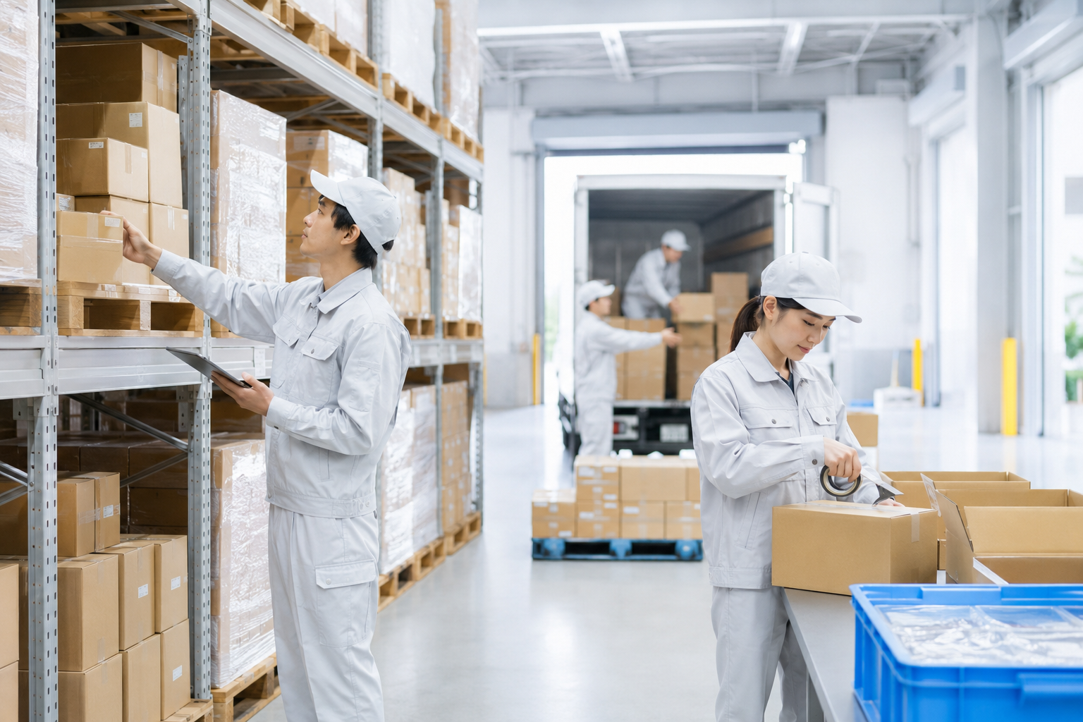 倉庫内で連携して梱包と出荷準備を進めるスタッフ